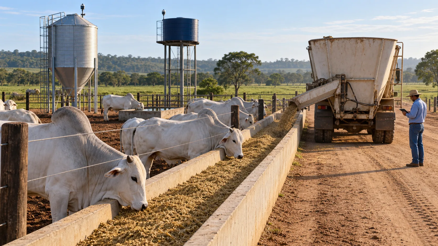 Cena ilustrativa de bovinos Nelore no cocho, com equipamento de trato, silo de ração, reservatório de água e bebedouro monitorados