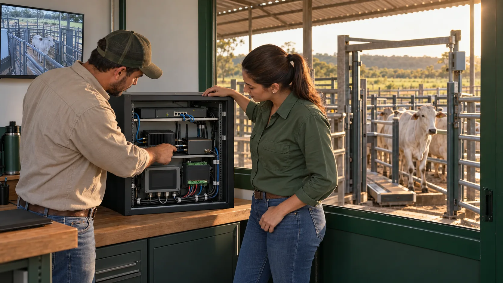 Cena ilustrativa de equipe técnica integrando gravador de câmeras, leitor de identificação, controlador de balança e sensores existentes em uma propriedade pecuária