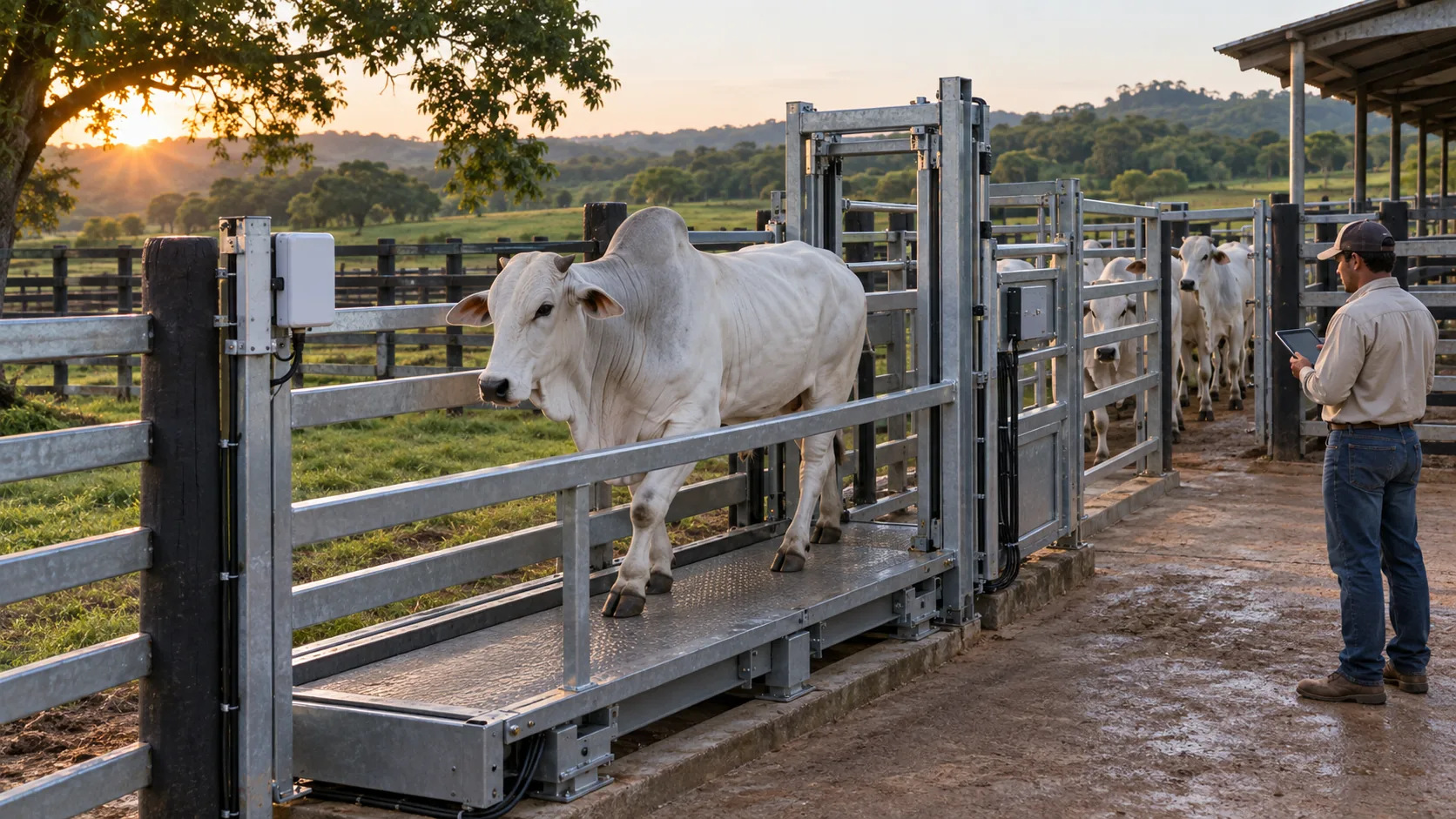 Cena ilustrativa de bovino Nelore em uma balança de manejo conectada, com identificação eletrônica e técnico acompanhando a leitura