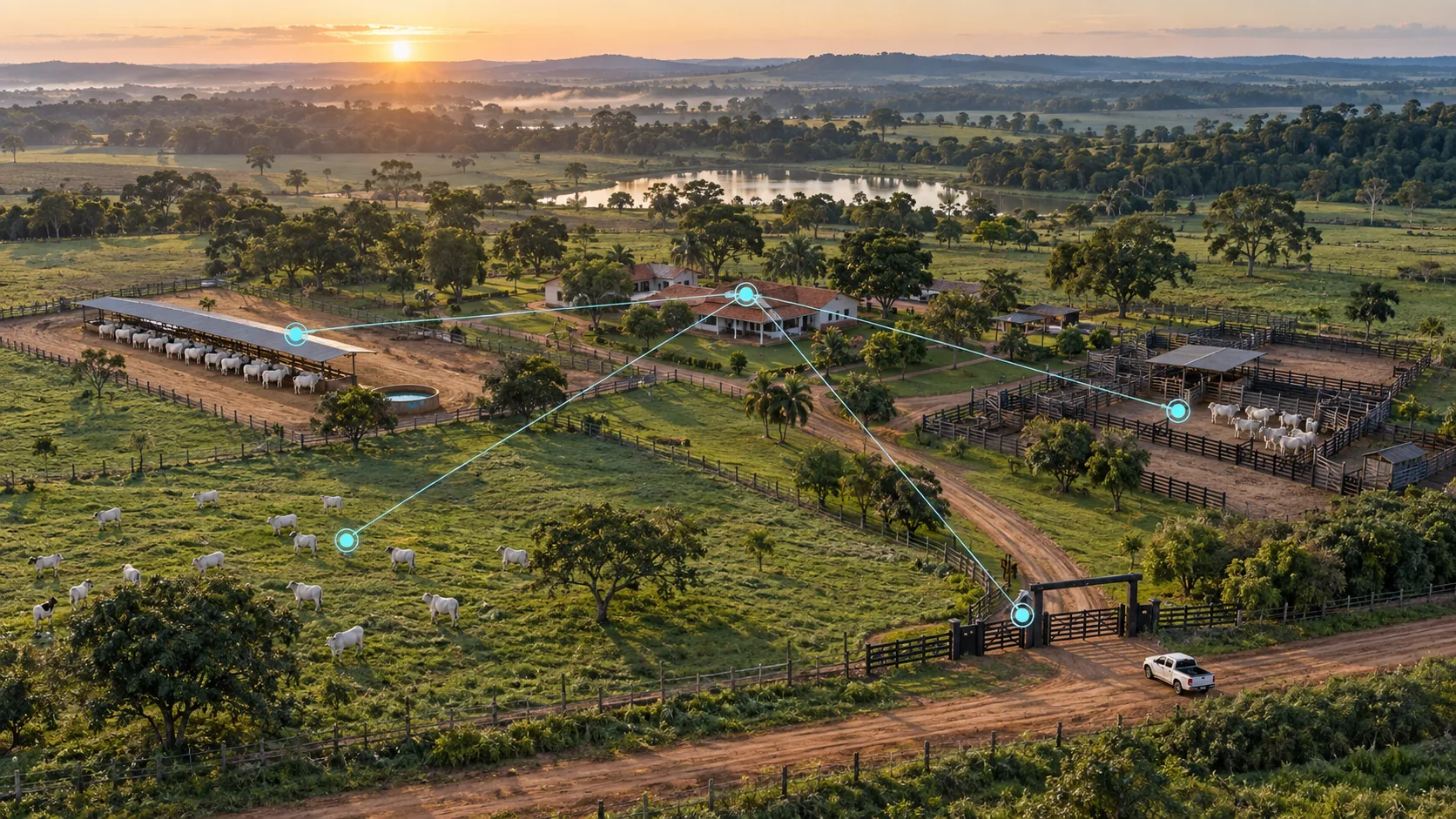 Cena ilustrativa de uma fazenda pecuária com pastos, currais, área de alimentação e porteira conectados ao mesmo ponto de monitoramento