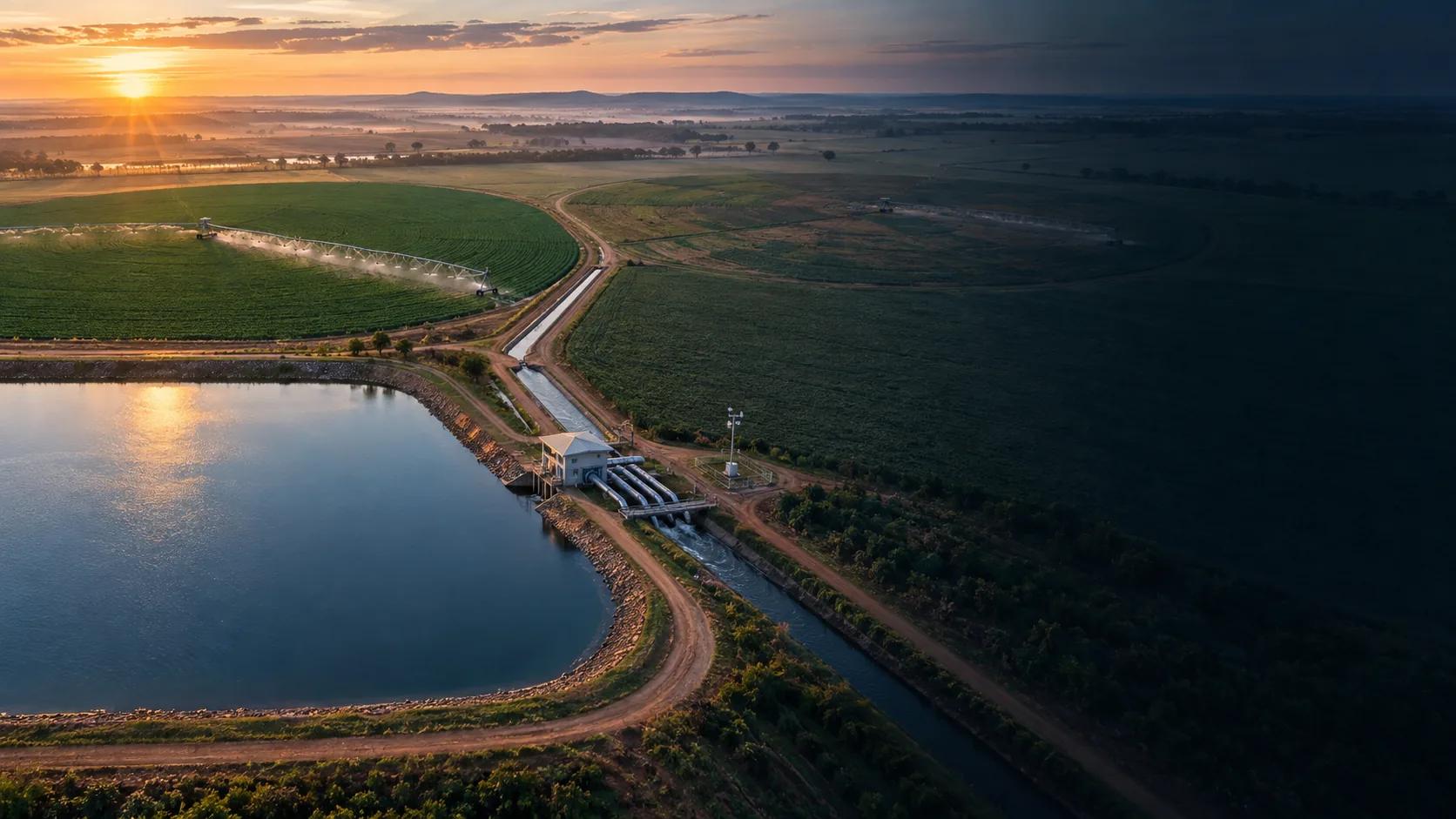 Cena ilustrativa de reservatório, casa de bombas, tubulações e pivôs distribuindo água entre talhões agrícolas