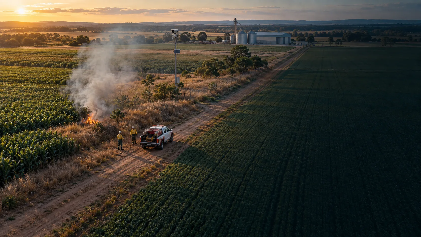 Cena ilustrativa de um pequeno foco inicial de incêndio na borda de um talhão, com aceiro, estrada interna e brigada rural em aproximação