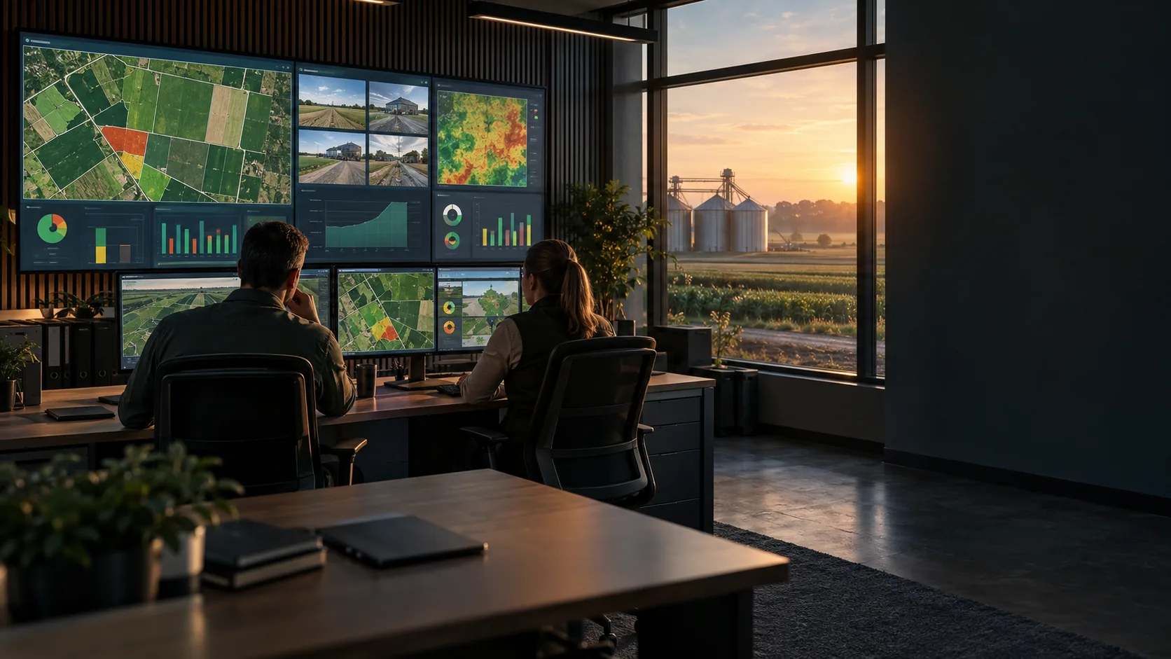 Cena ilustrativa de gestores agrícolas analisando mapas de talhões, câmeras, gráficos e estados da operação em uma sala de controle