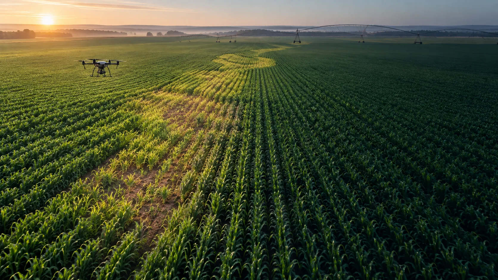 Cena ilustrativa de um talhão com uma faixa de vegetação visualmente diferente, irrigação ao fundo e drone de monitoramento