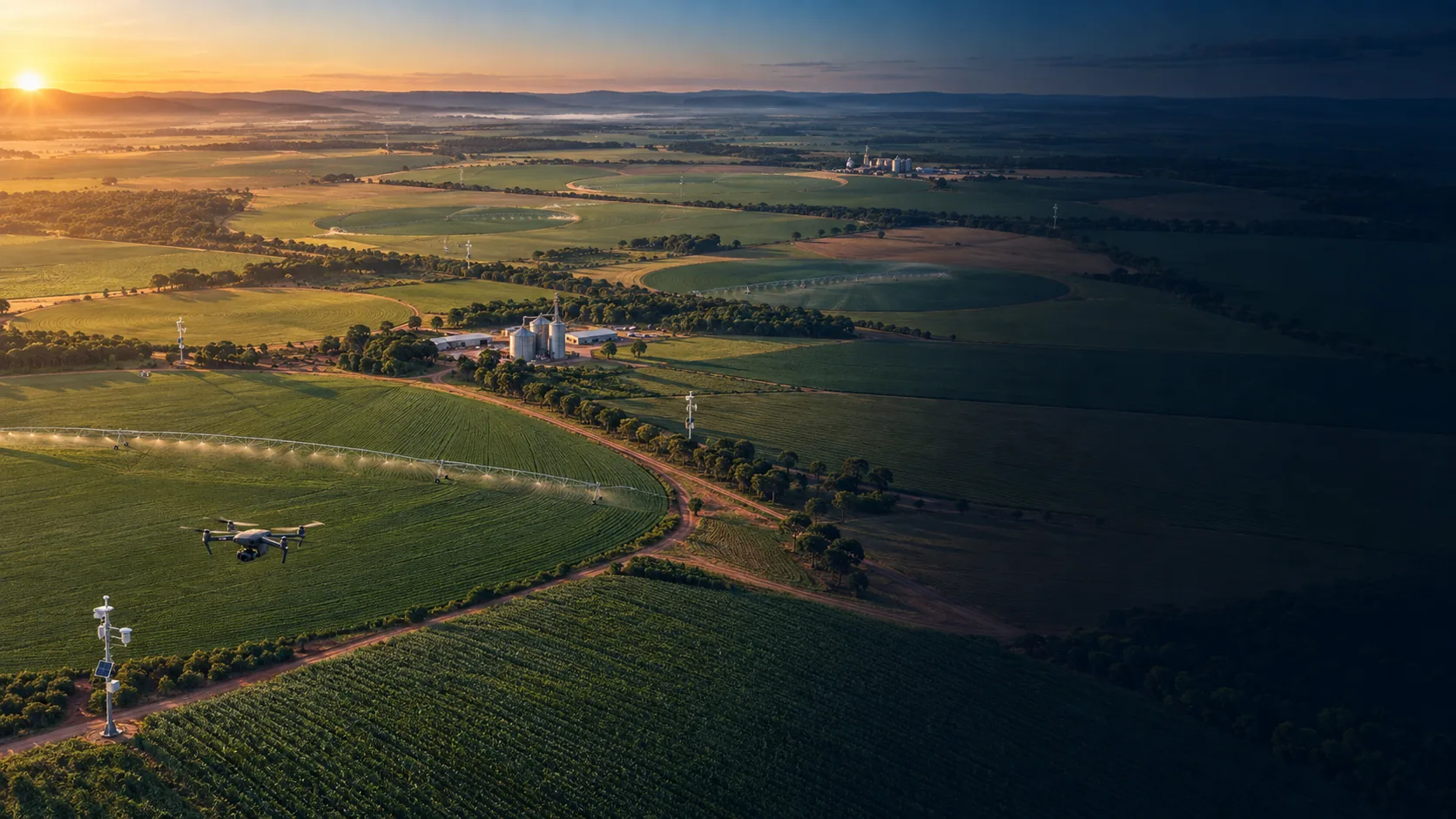 Cena ilustrativa de uma operação agrícola com vários talhões, pivôs de irrigação, estradas internas, unidades e sensores distribuídos