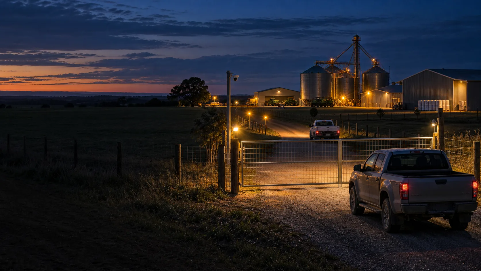 Cena ilustrativa de uma porteira agrícola monitorada no início da noite, com veículo externo, estrada interna, câmera, silos e galpões ao fundo