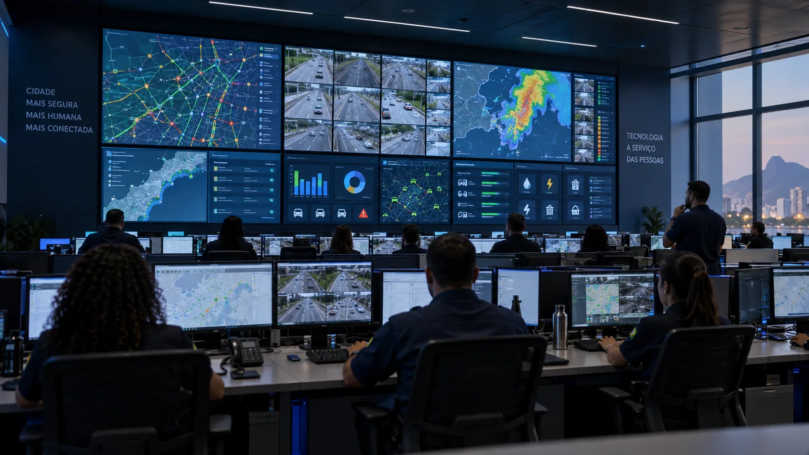 Centro integrado de operações acompanhando diferentes áreas da cidade.