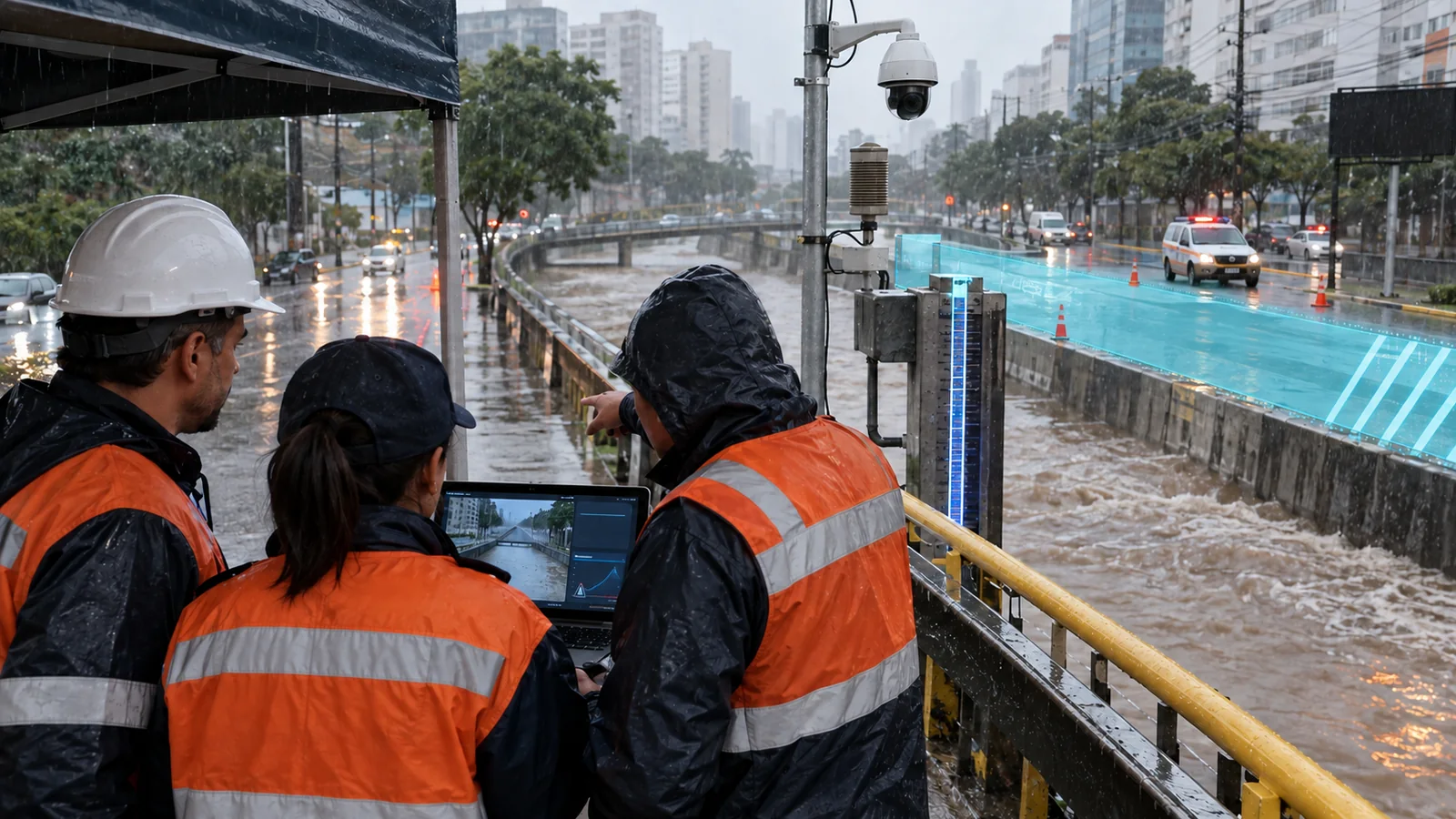 Defesa Civil acompanhando nível de água e condições de uma via urbana.