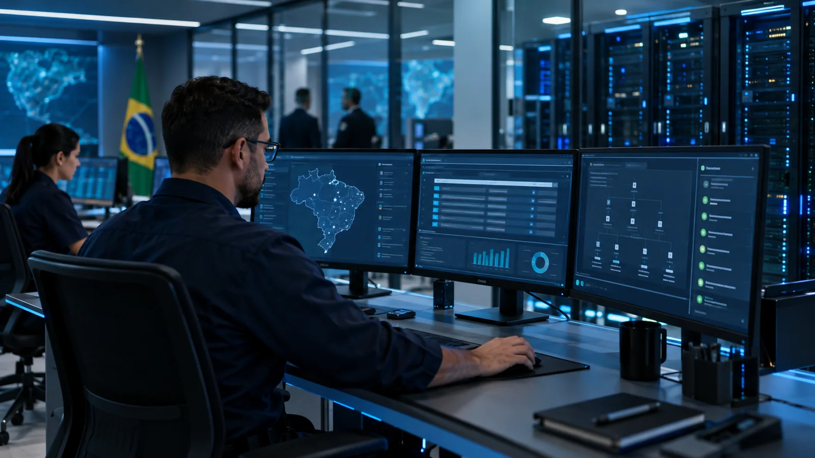 Ambiente tecnológico com controle de acesso, auditoria e governança de dados.