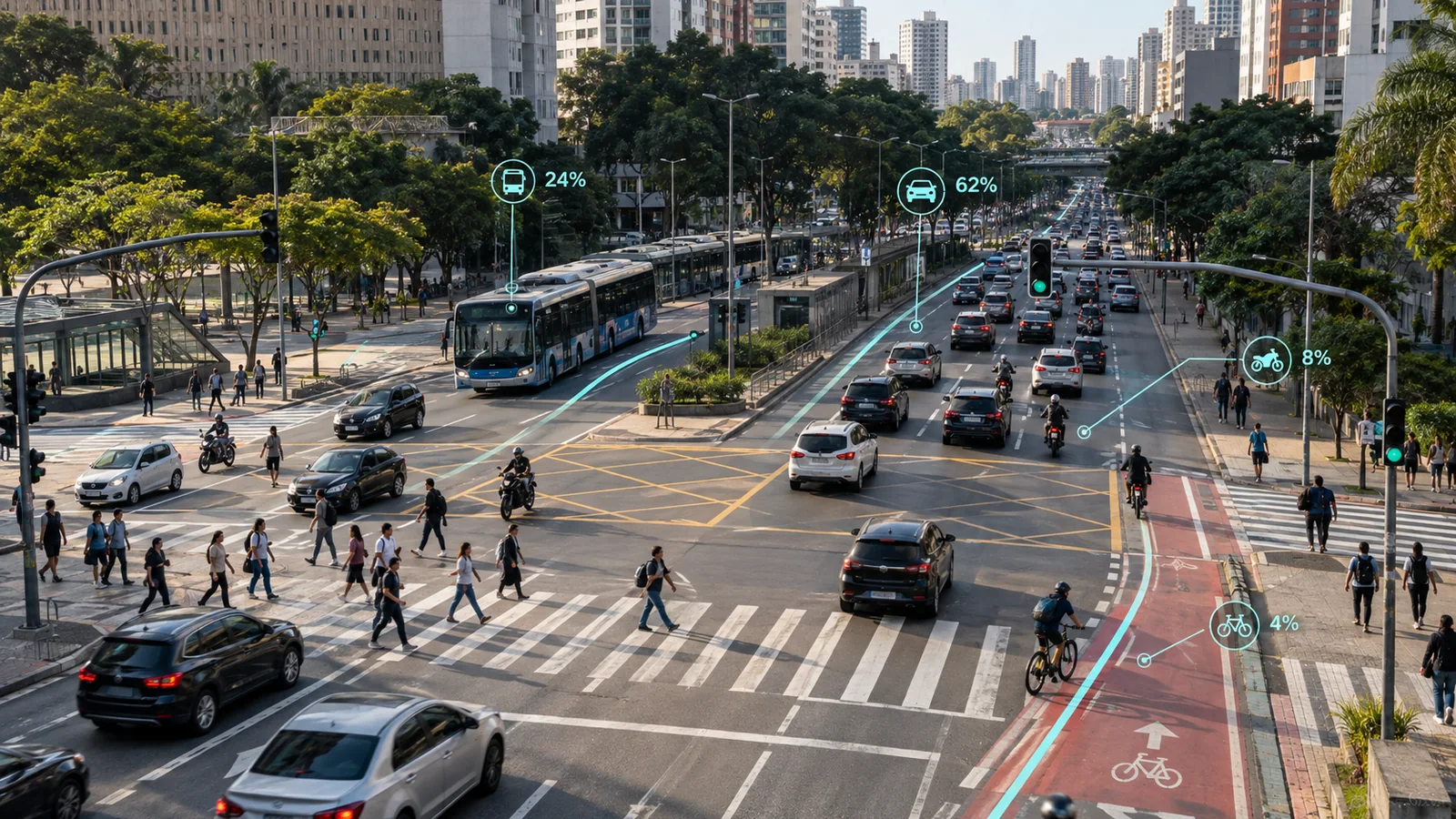 Análise inteligente do fluxo de veículos e pedestres em cruzamento urbano.