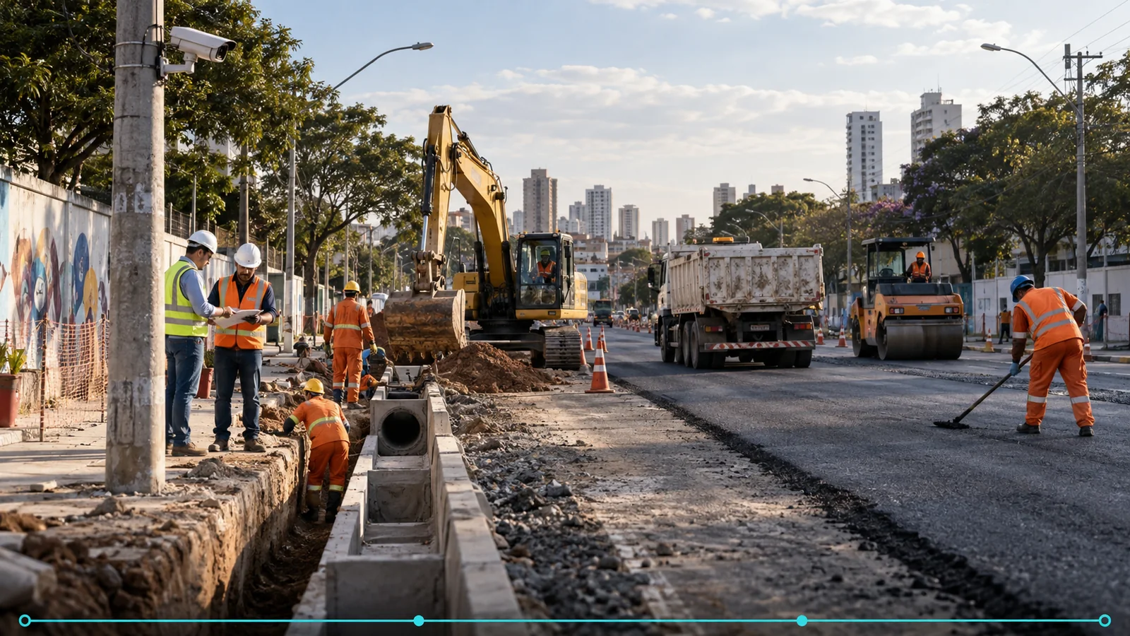 Obra pública acompanhada por sistemas de monitoramento e gestão operacional.