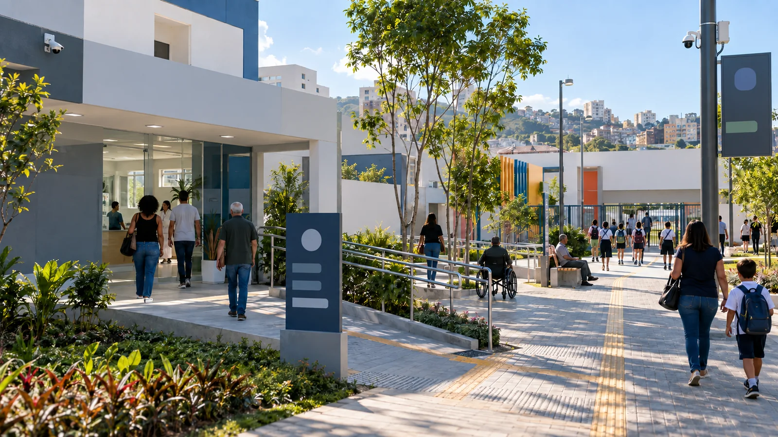 Equipamentos públicos de saúde e educação conectados à gestão operacional.