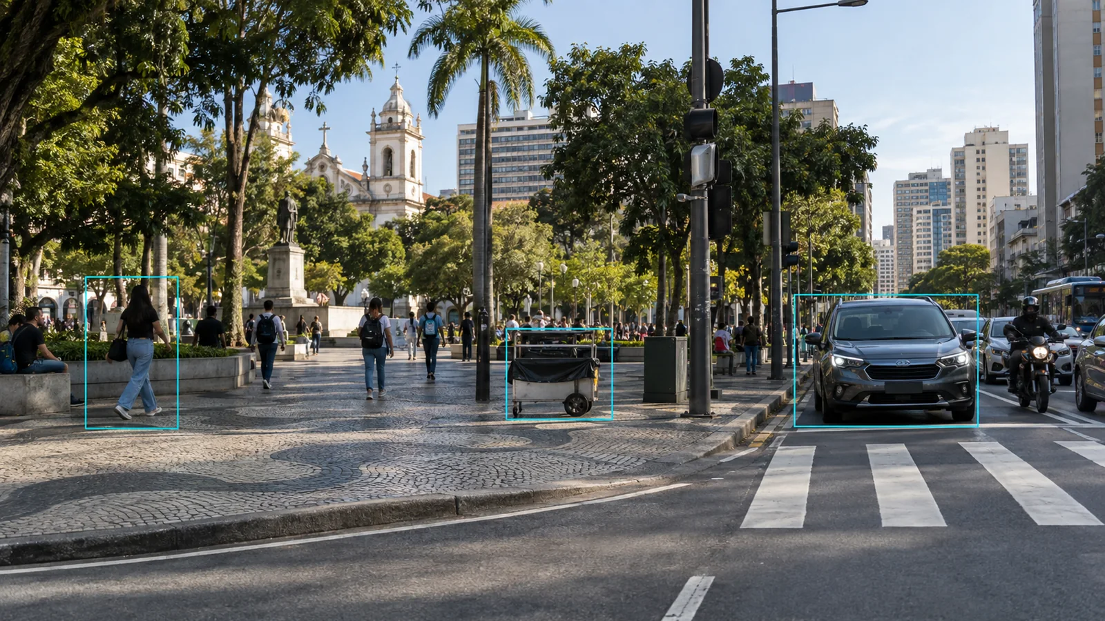 Visão computacional analisando eventos em espaço público urbano.
