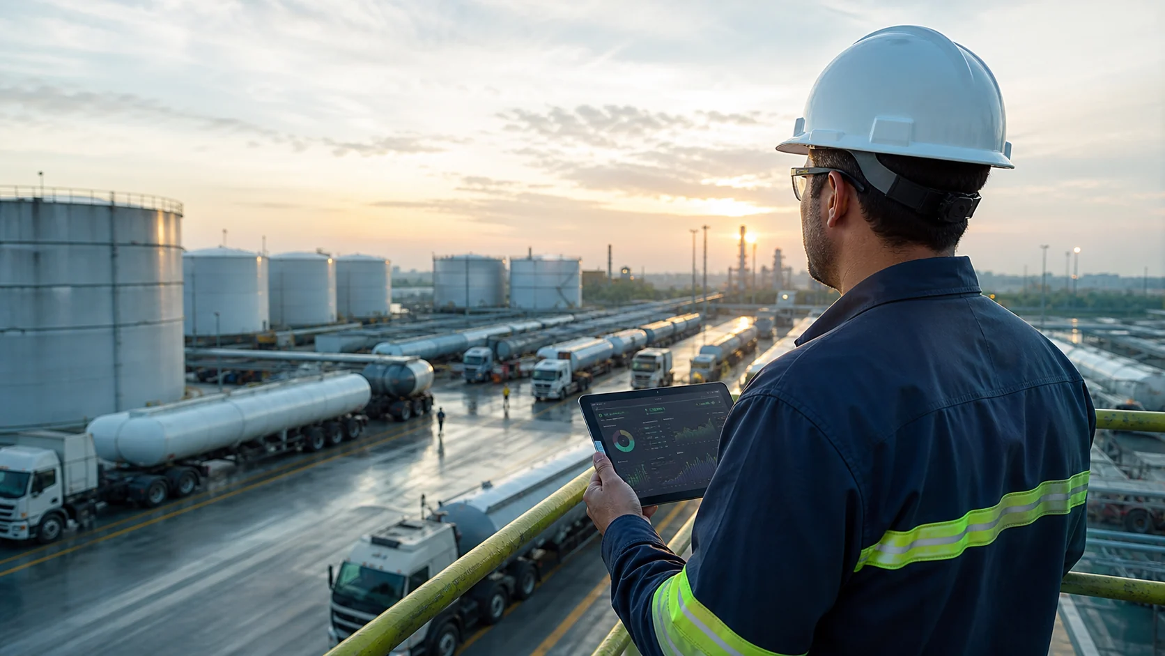 Gestor de uma operação TRR acompanhando indicadores da plataforma COSMO em um tablet