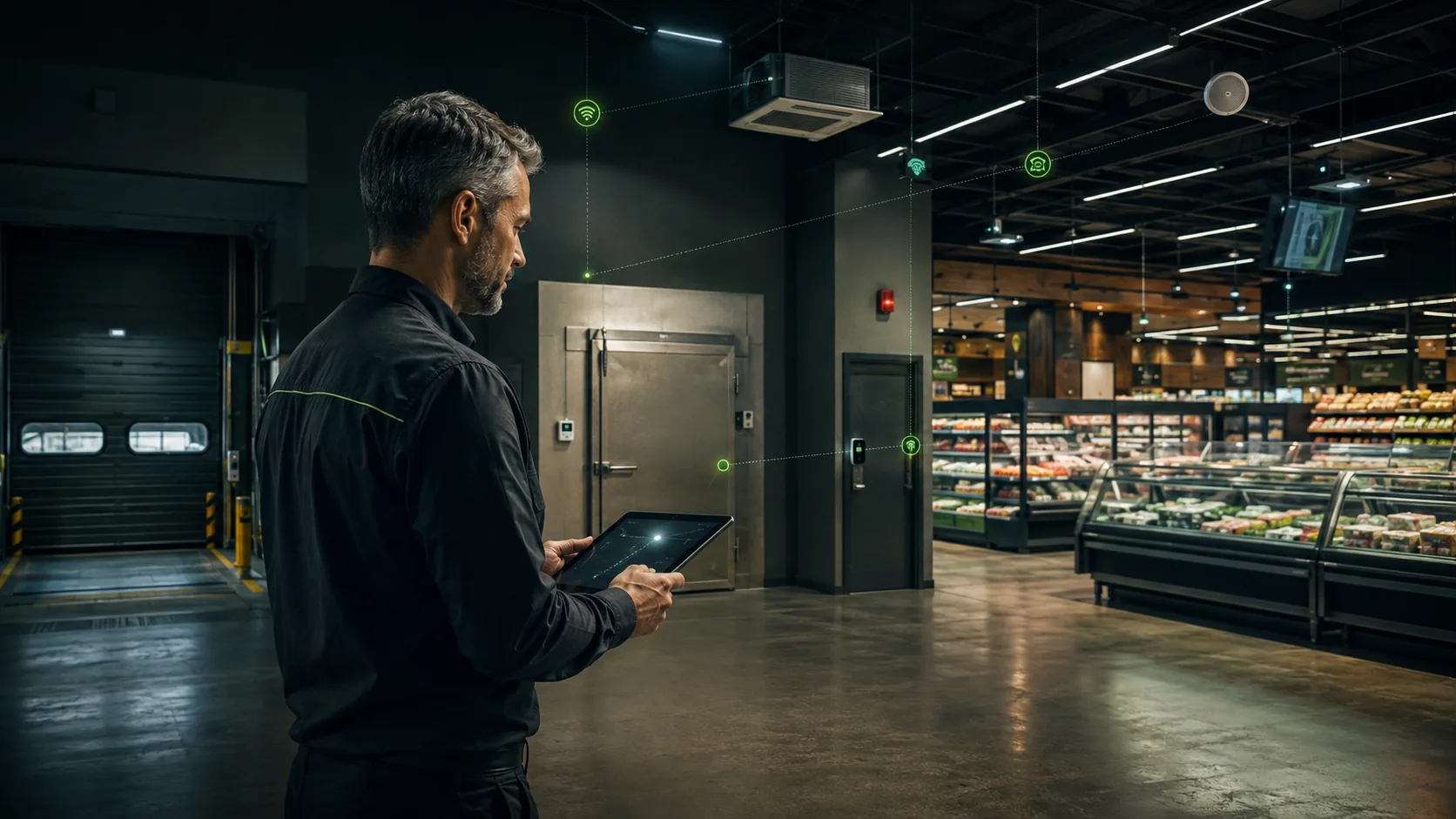 Profissional acompanhando em um tablet a automação de refrigeração, iluminação, climatização, acessos, alarmes e doca de um supermercado