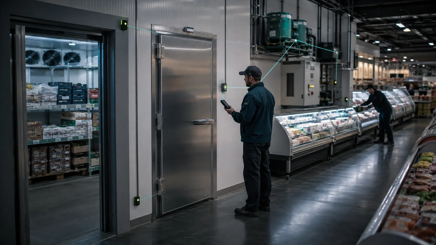 Técnico monitorando sensores, câmara fria, balcões refrigerados, compressores e energia de um supermercado