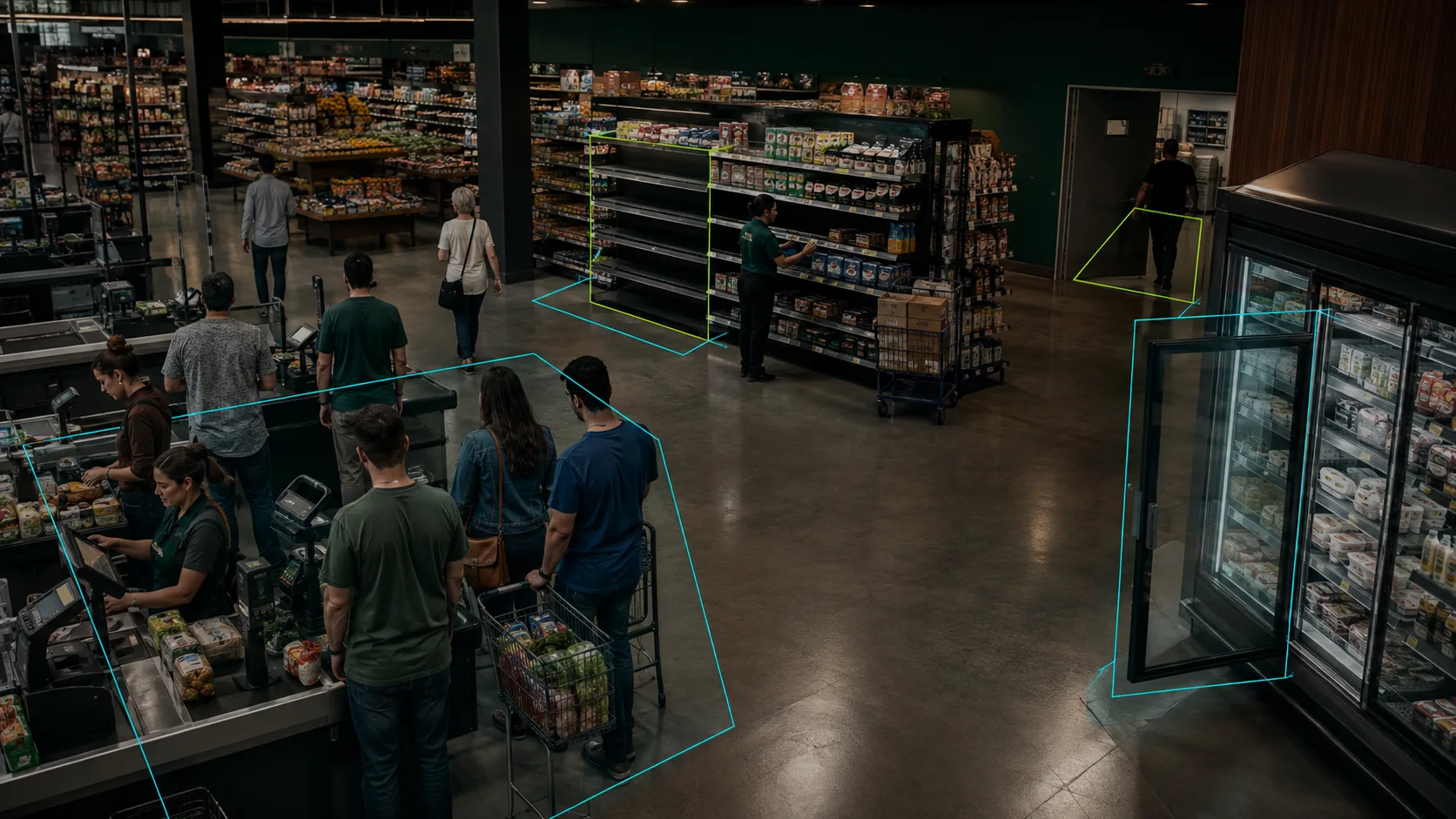 Inteligência artificial identificando fila no caixa, espaço vazio na gôndola, porta refrigerada aberta e acesso a área restrita em um supermercado