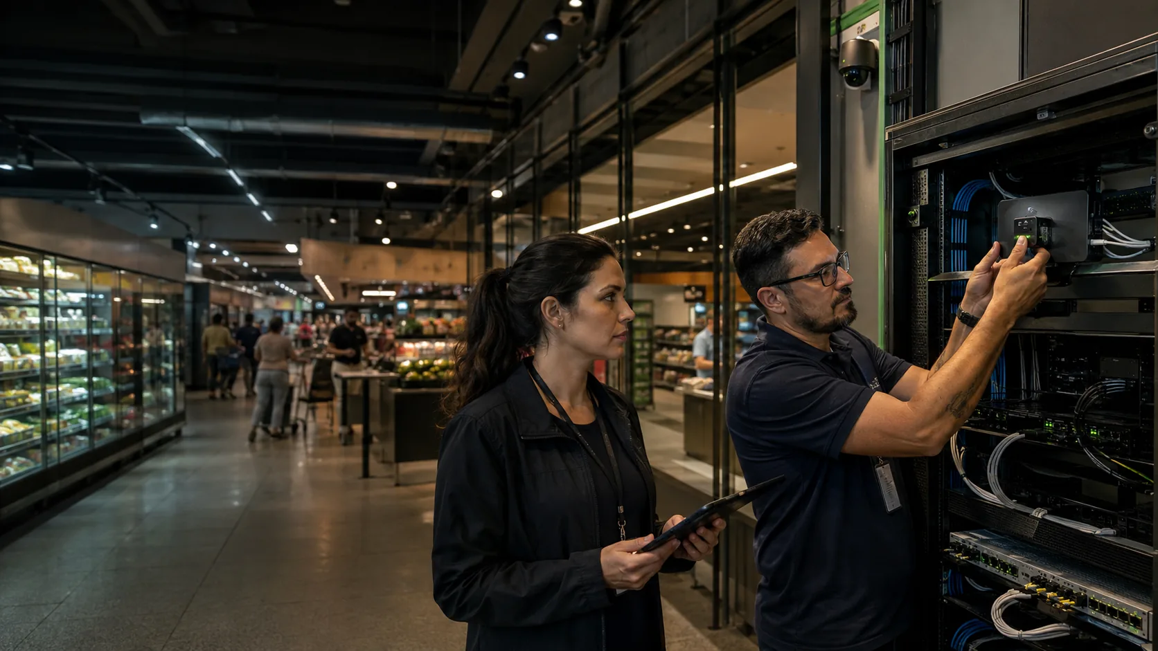 Especialista técnico e gestora de supermercado validando uma instalação-piloto com a loja em funcionamento