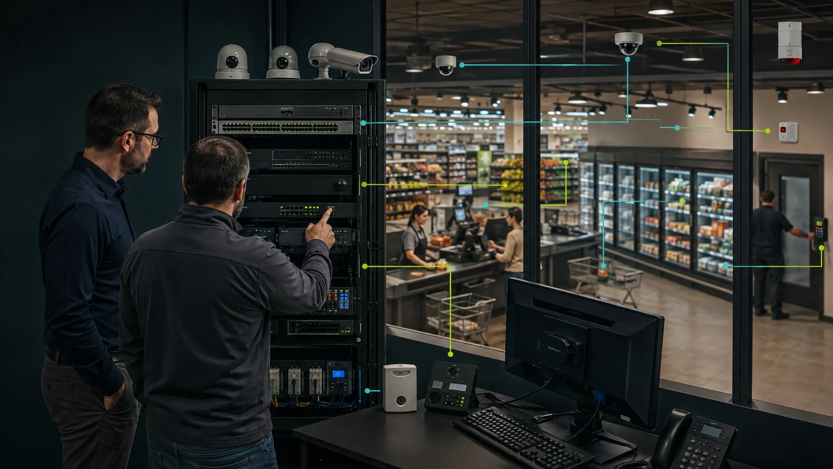 Equipe técnica integrando gravadores, câmeras, sensores, controle de acesso, refrigeração e sistemas de um supermercado
